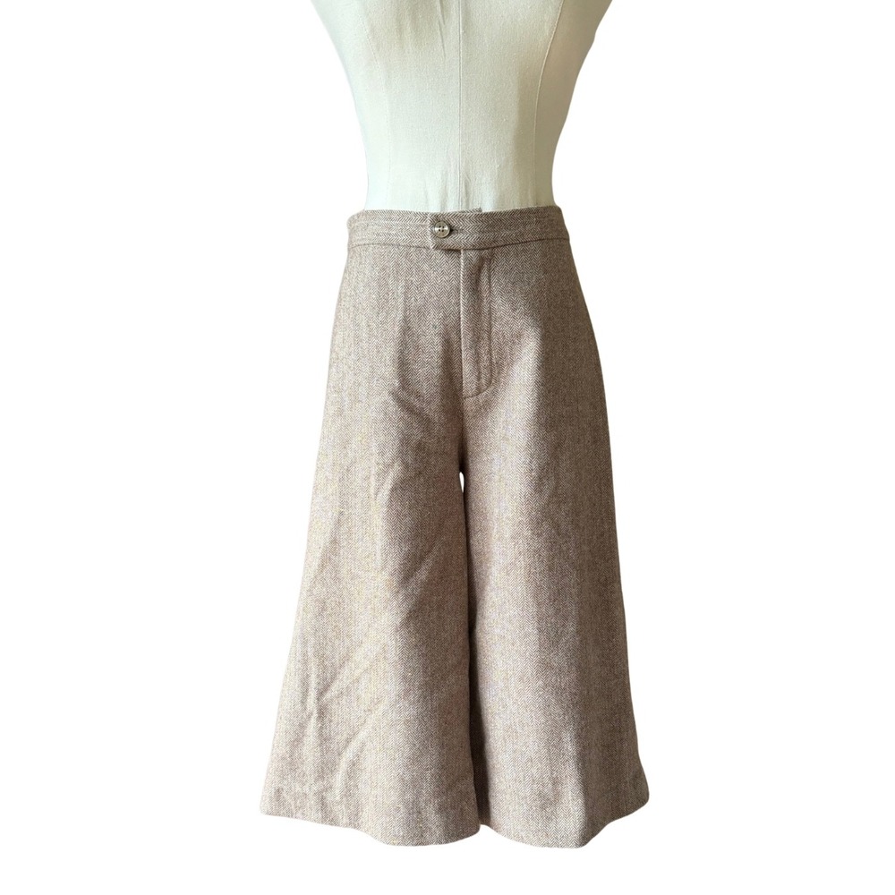 Wool Wide Leg High Waist Culotte Pants Shorts Herringbone Tweed Beige Tan 6/8